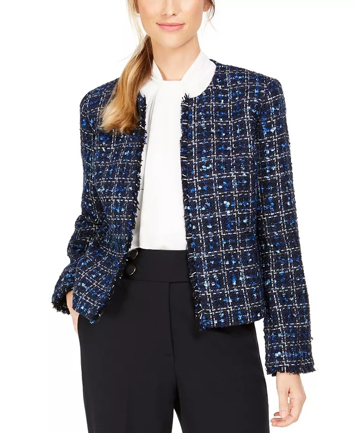 Calvin Klein Women's Tweed Frayed Edge Jacket Blue Size 6
