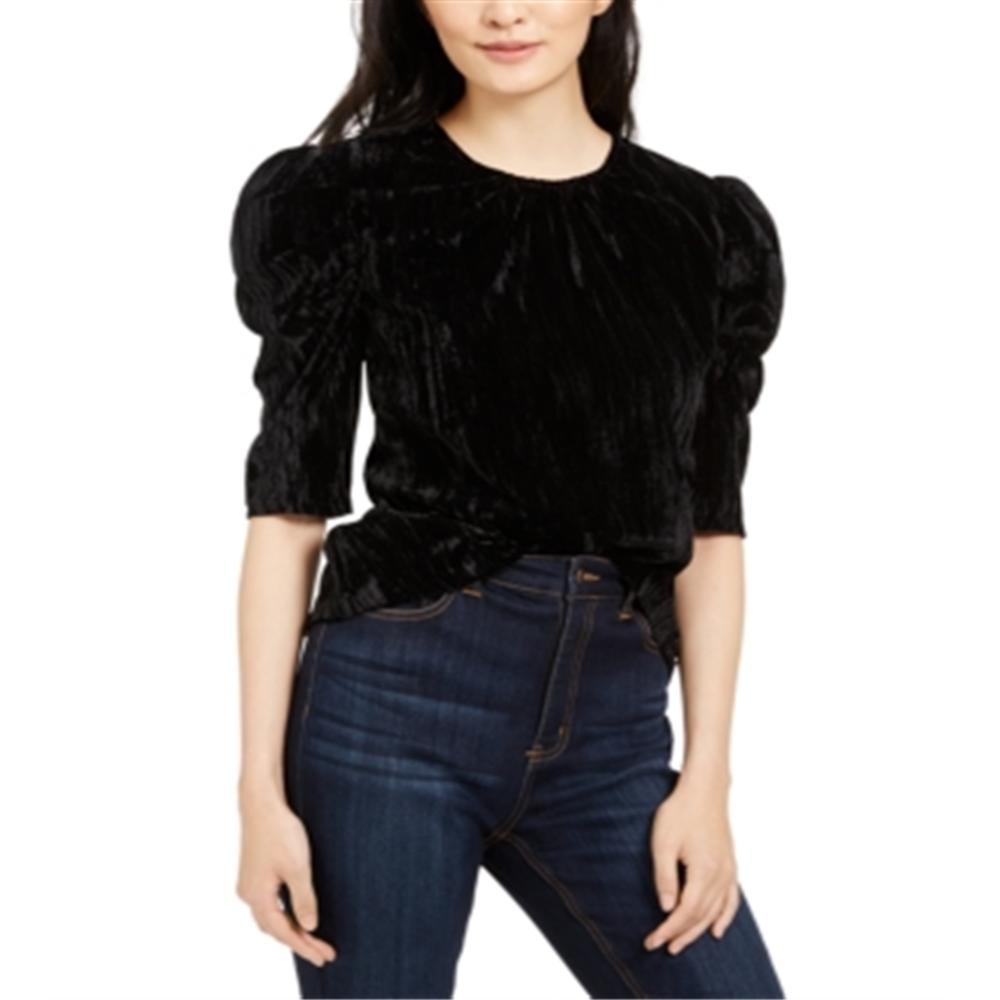 Leyden Women's Zippered Pouf Jewel Neck Top Black Size X-Large