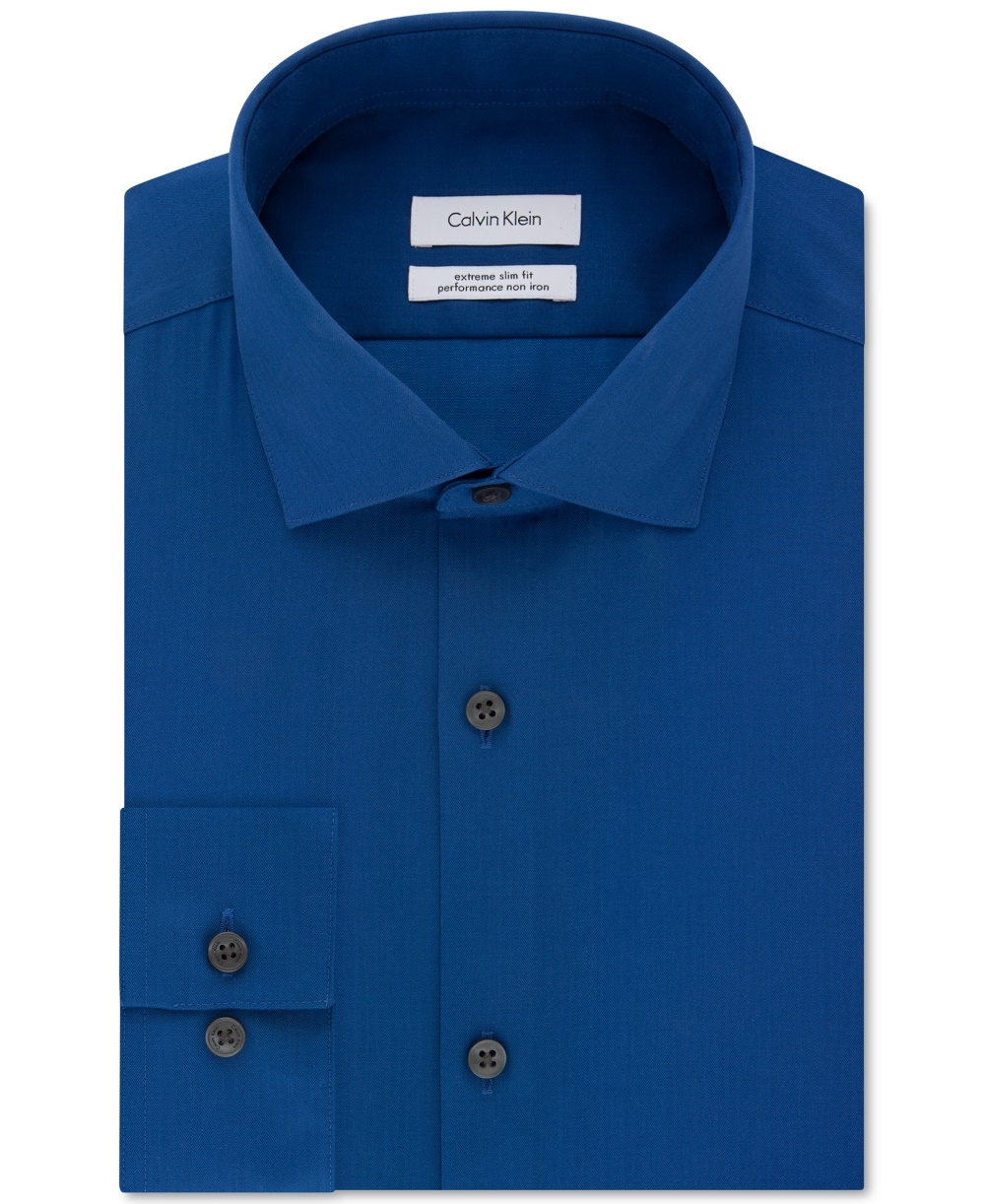 Calvin Klein Men's Steel Extra-Slim Fit Non-Iron Performance Herringbone Dress  Shirt Blue Size 17-32/33