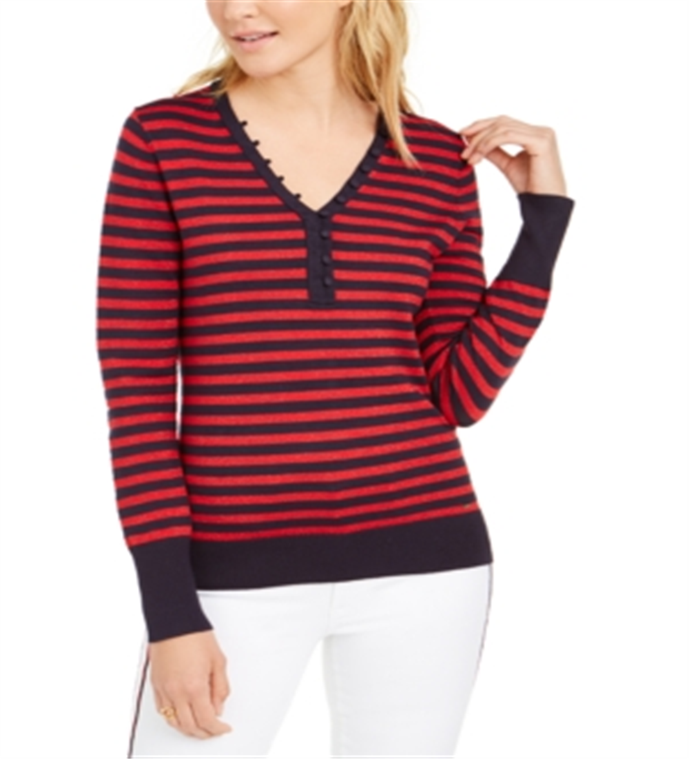 analyse design prinsesse Tommy Hilfiger Women's Metallic Stripe Henley Top Red Size X-Small