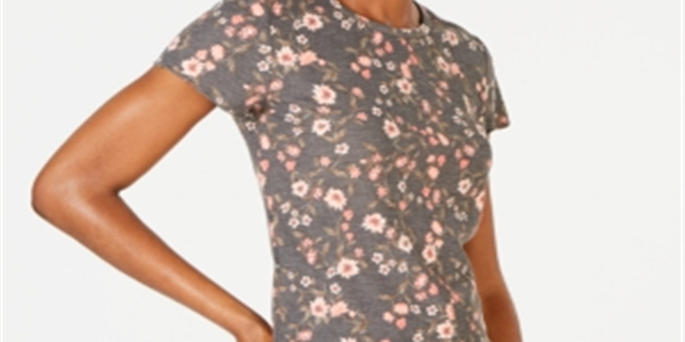 Self E Women's Juniors Waffle Floral Print Pullover Top Gray Size M