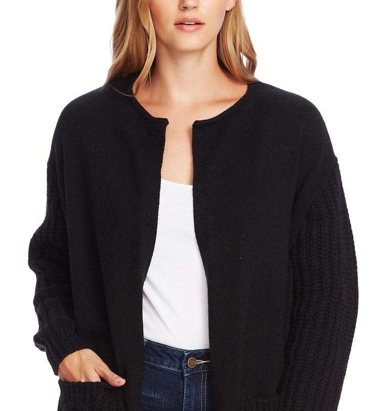Vince Camuto Women's Mixed Knit Open Front Cardigan Sweater Black Size XS