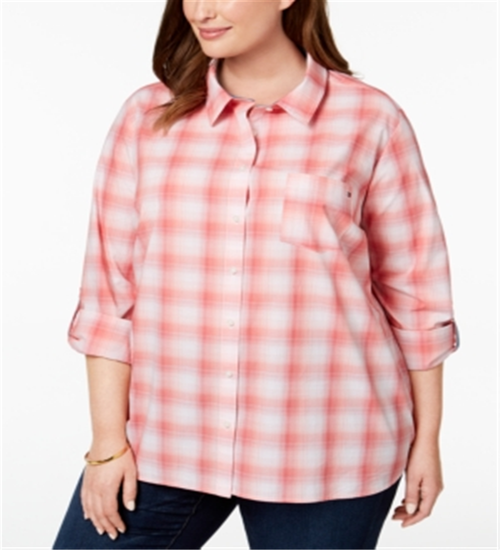 Tommy Hilfiger Women's Plaid Cuffed Collared Button up Top -Pink Size 1X