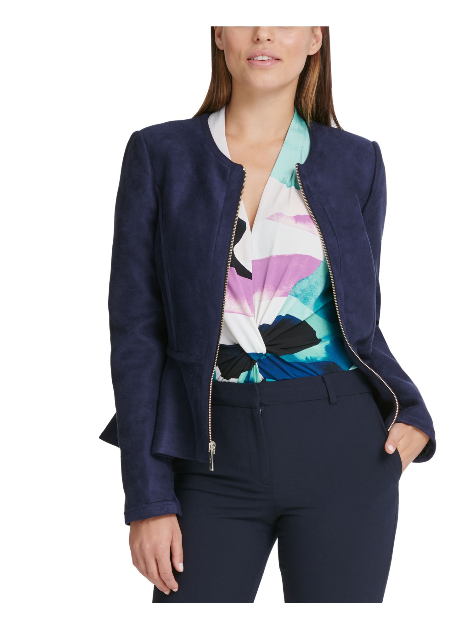DKNY Women's Faux Suede Lightweight Peplum Jacket Blue Size 4