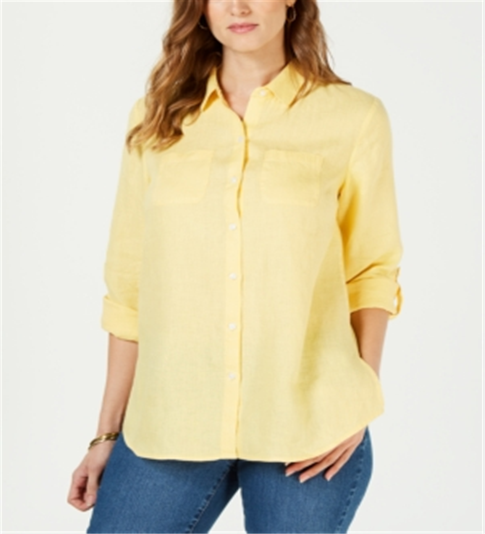 Charter Club Women's Linen Button Front Shirt Yellow Size Petite