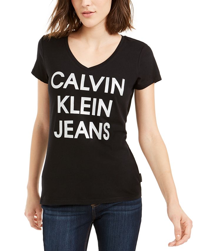 Calvin Klein Women's Jeans Stacked Logo T-Shirt Black Size X-Large