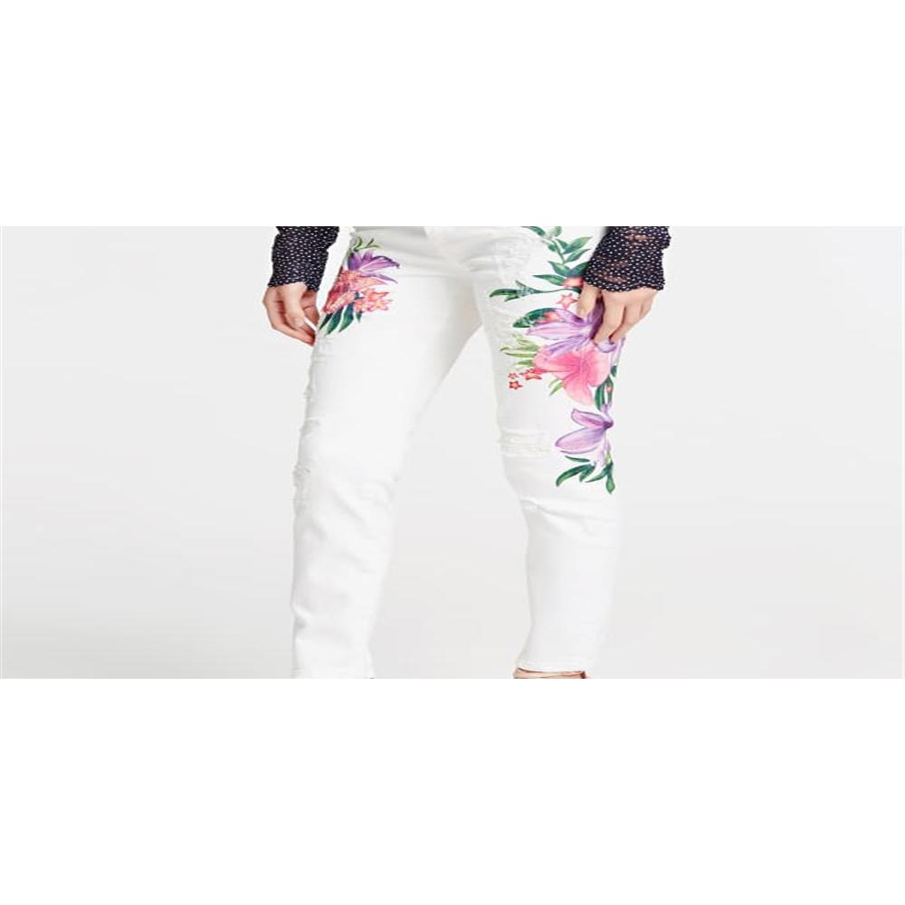 Guess Women's Button Fly Floral Detail Skinny Jeans White Size 25