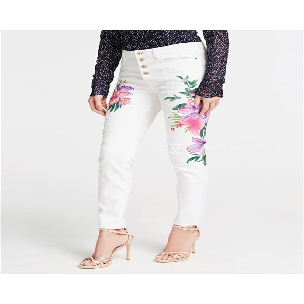 Guess Women's Button Fly Floral Detail Skinny Jeans White Size 25
