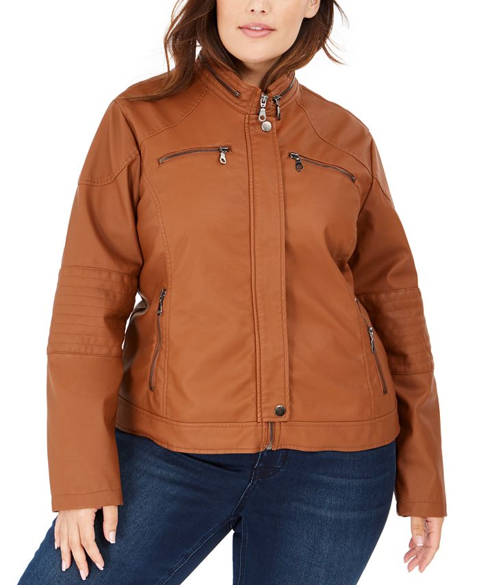 Maralyn & Me Junior's Plus Faux Leather Moto Jacket Brown Size 3X