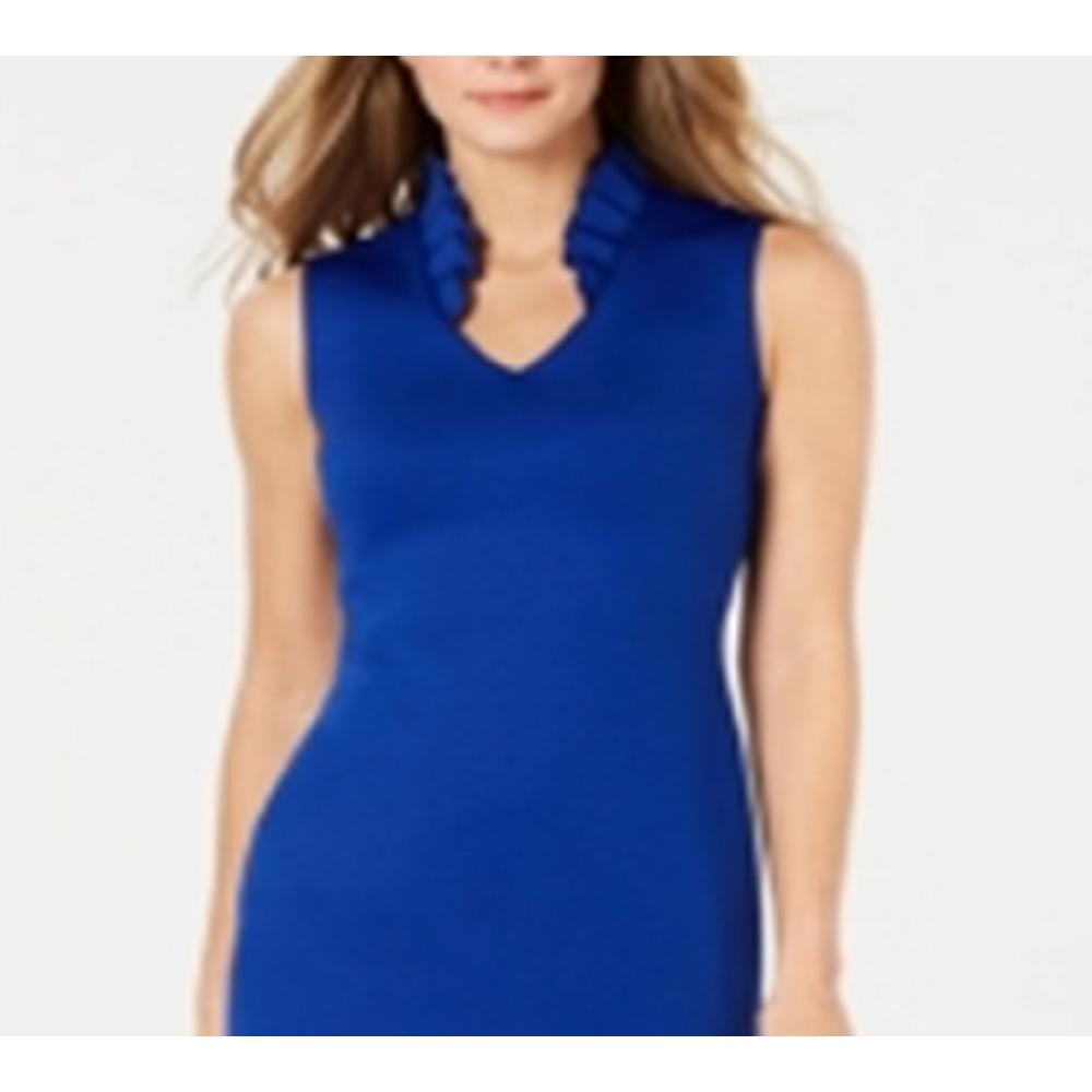 Calvin Klein Women's Ruffle Neck Sheath Dress Blue Size 0 Petite