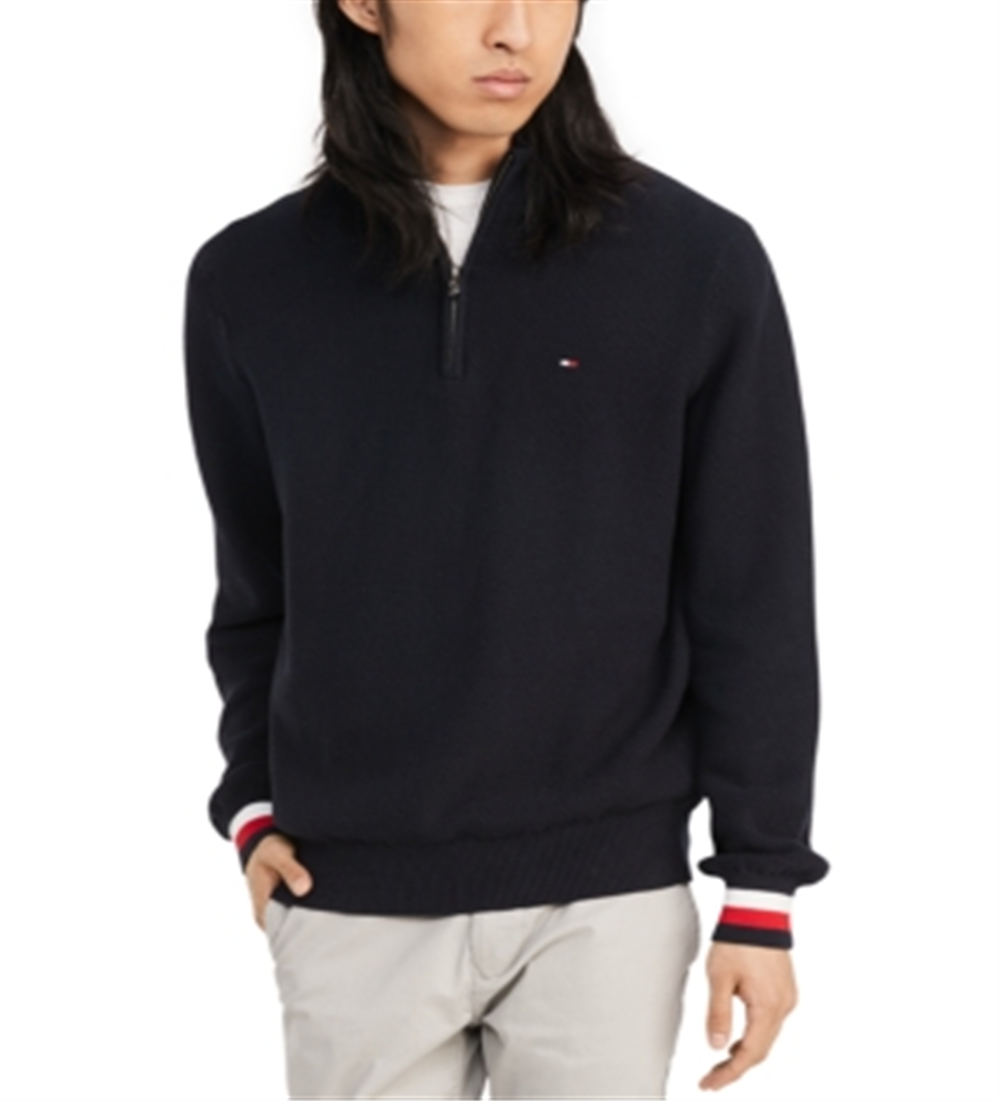 Tommy Hilfiger Men's Clifton Quarter Zip Logo Sweater Dark Blue Size -S/P