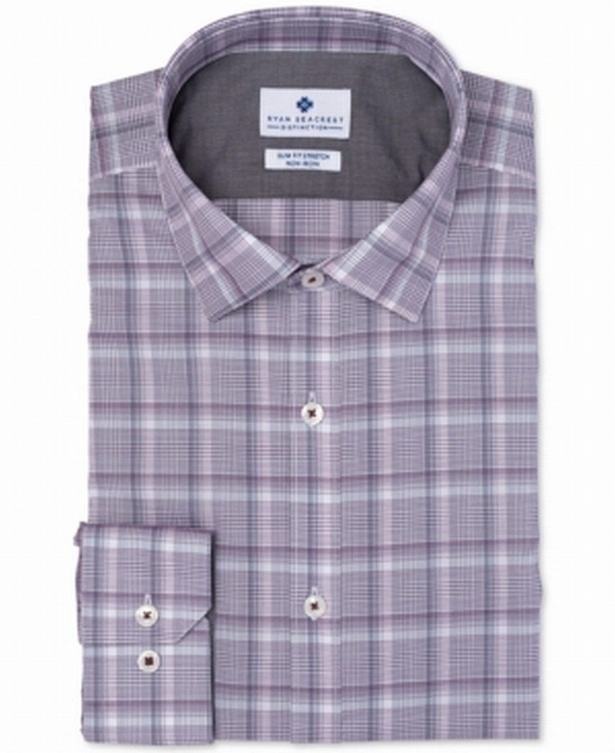 ryan seacrest dress shirts Ryan Seacrest Dress Shirt Pink Check Slim Fit Mens 17 36/37 Non Iron