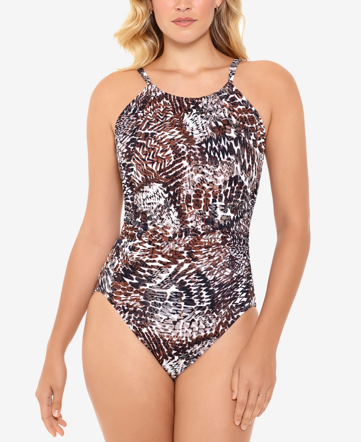 Swim Solutions Women's Printed V Back One Piece Swimsuit Brown Size 12