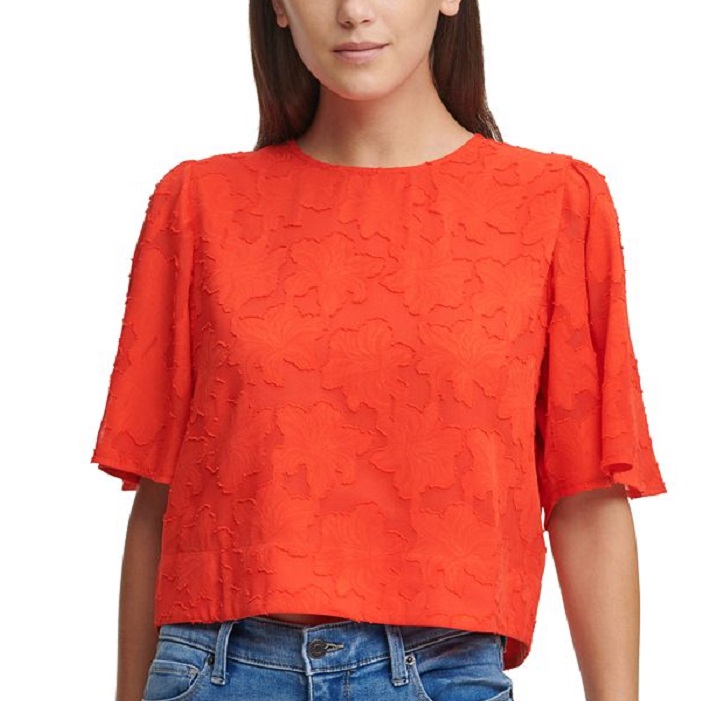 DKNY Women's Cropped Flutter Sleeve Jacquard Top Red Size Small