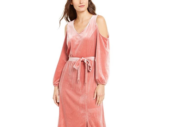 NY Collection Women's Velvet Cold Shoulder Tie Dress Pink Size Petite XL