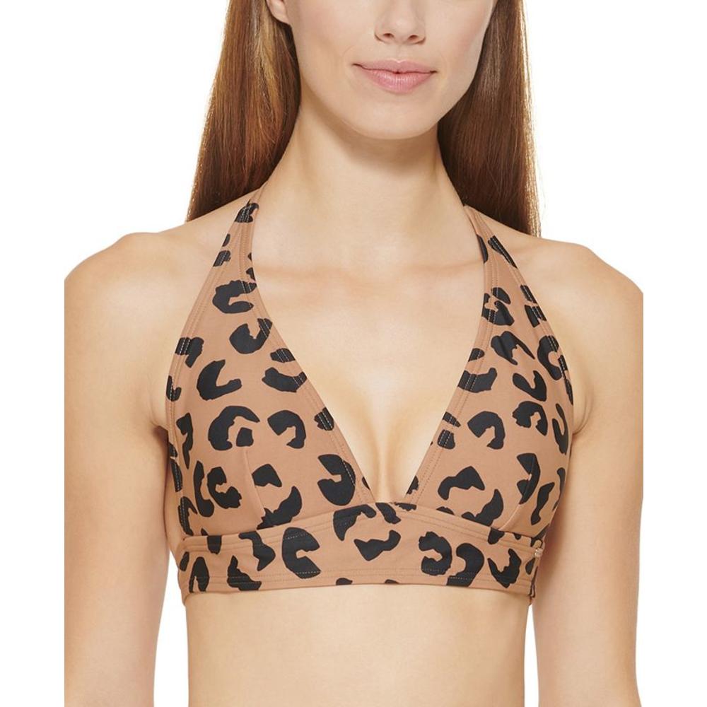 DKNY Women's Leopard Print Halter Bikini Top Swimsuit Brown Size Medium