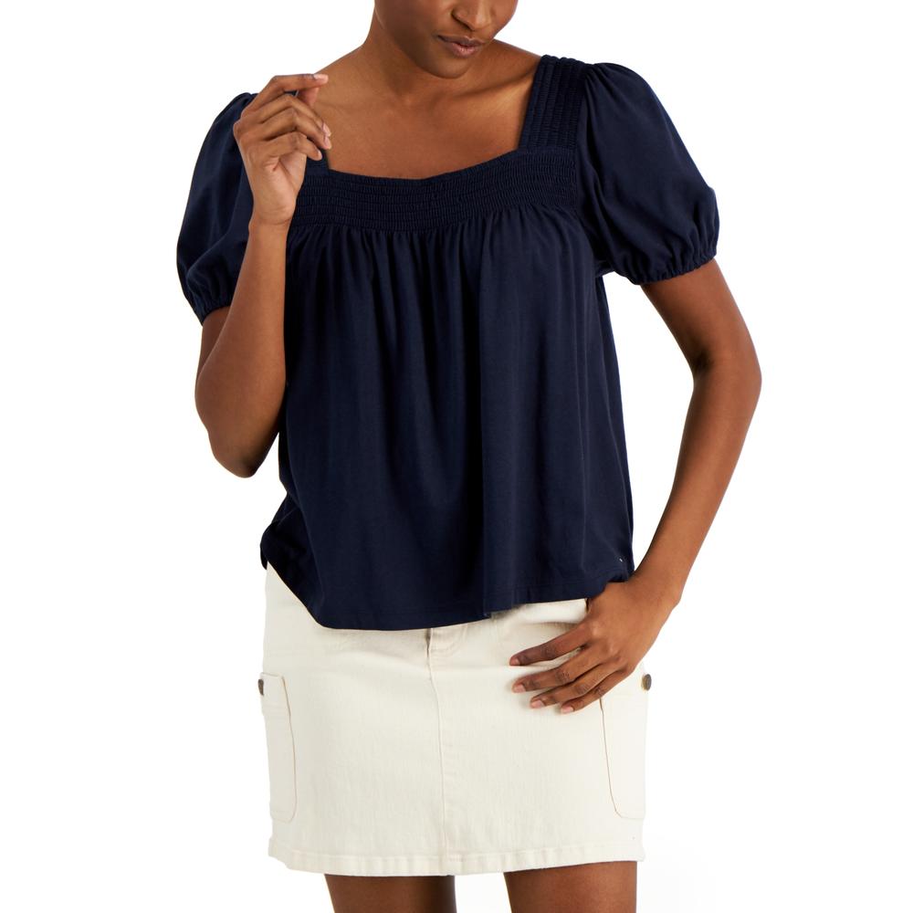 Tommy Hilfiger Women's Puffed Sleeve Square Neck Top Blue Size X-Large