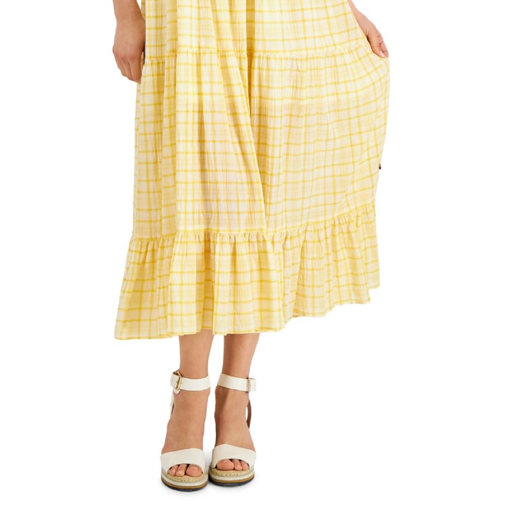 Tommy Hilfiger Women's Plaid Tiered Sleeveless Dress Yellow Size Large