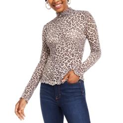 Planet Gold Women's Juniors Waffle Animal Print Pullover Top Tan Brown Size XS
