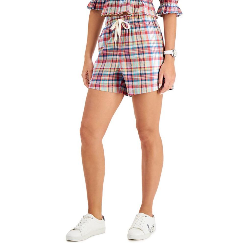 Tommy Hilfiger Women's Preppy Plaid Cotton Shorts Orange Size Medium