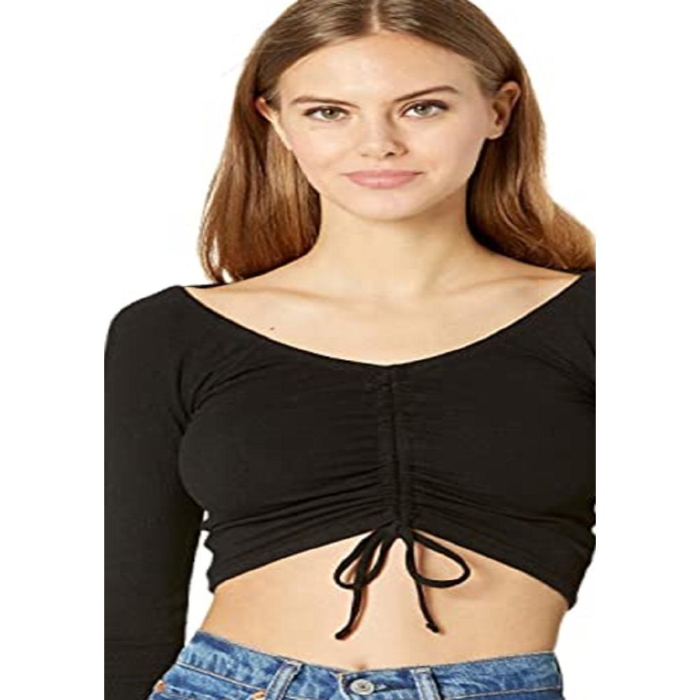 Steve Madden Madden Girl Women's Cinched Front Cropped Long Sleeve Top Black Size Medium