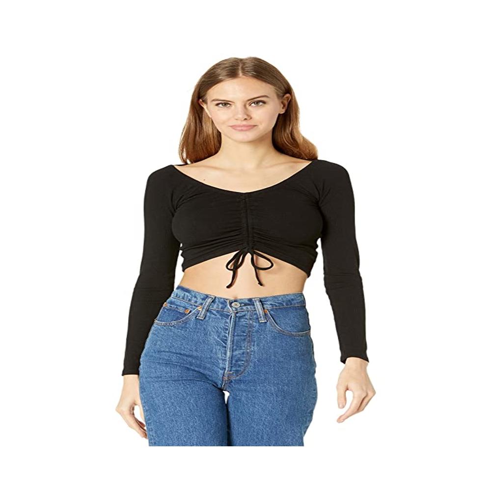 Steve Madden Madden Girl Women's Cinched Front Cropped Long Sleeve Top Black Size Medium