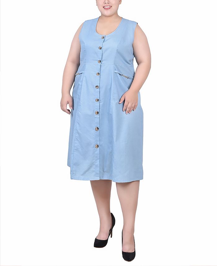 NY Collection Women's Plus Sleeveless Chambray Dress Blue Size 1X