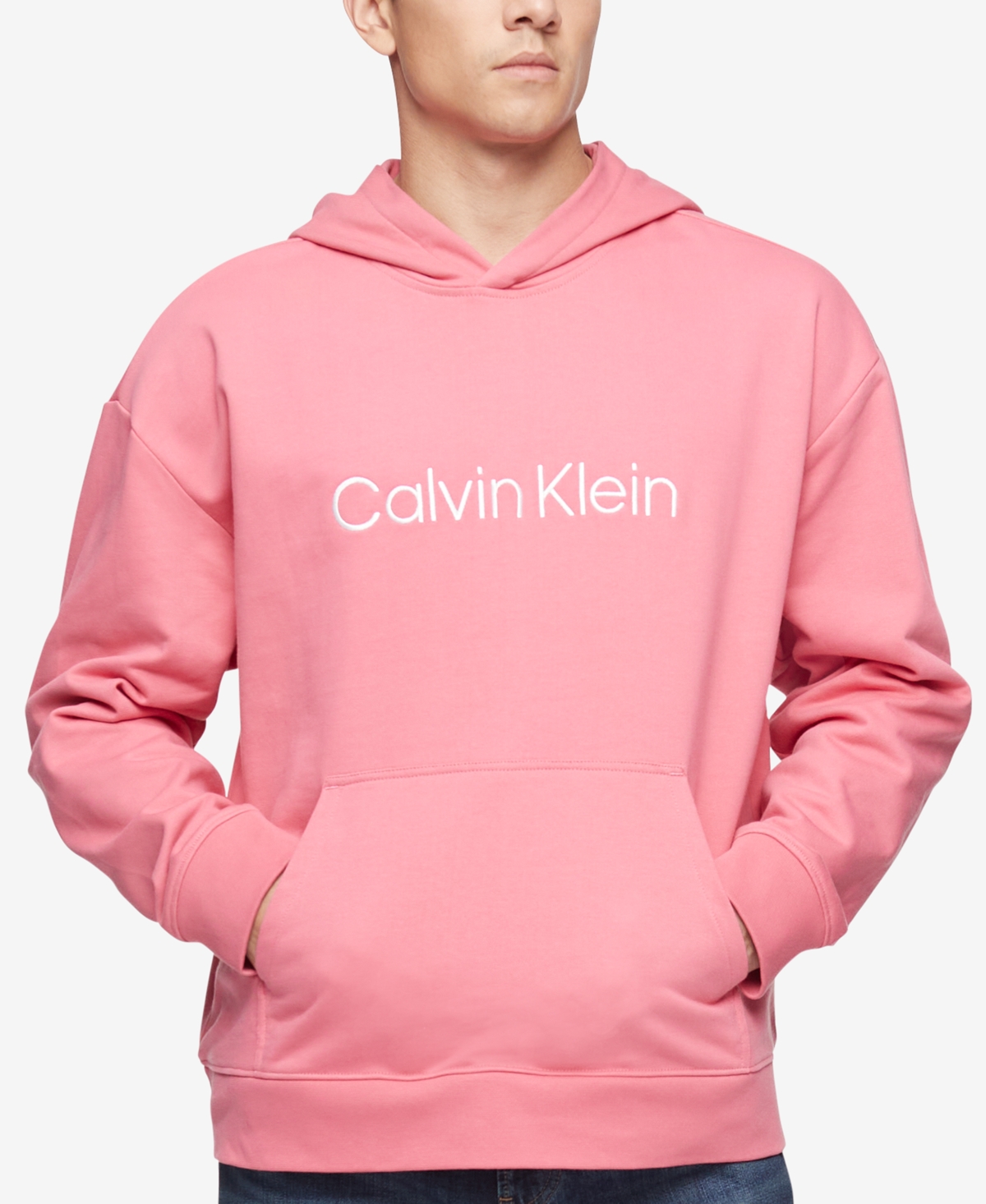 Calvin Klein Men's Relaxed Fit Standard Logo Terry Hoodie Pink Size Small