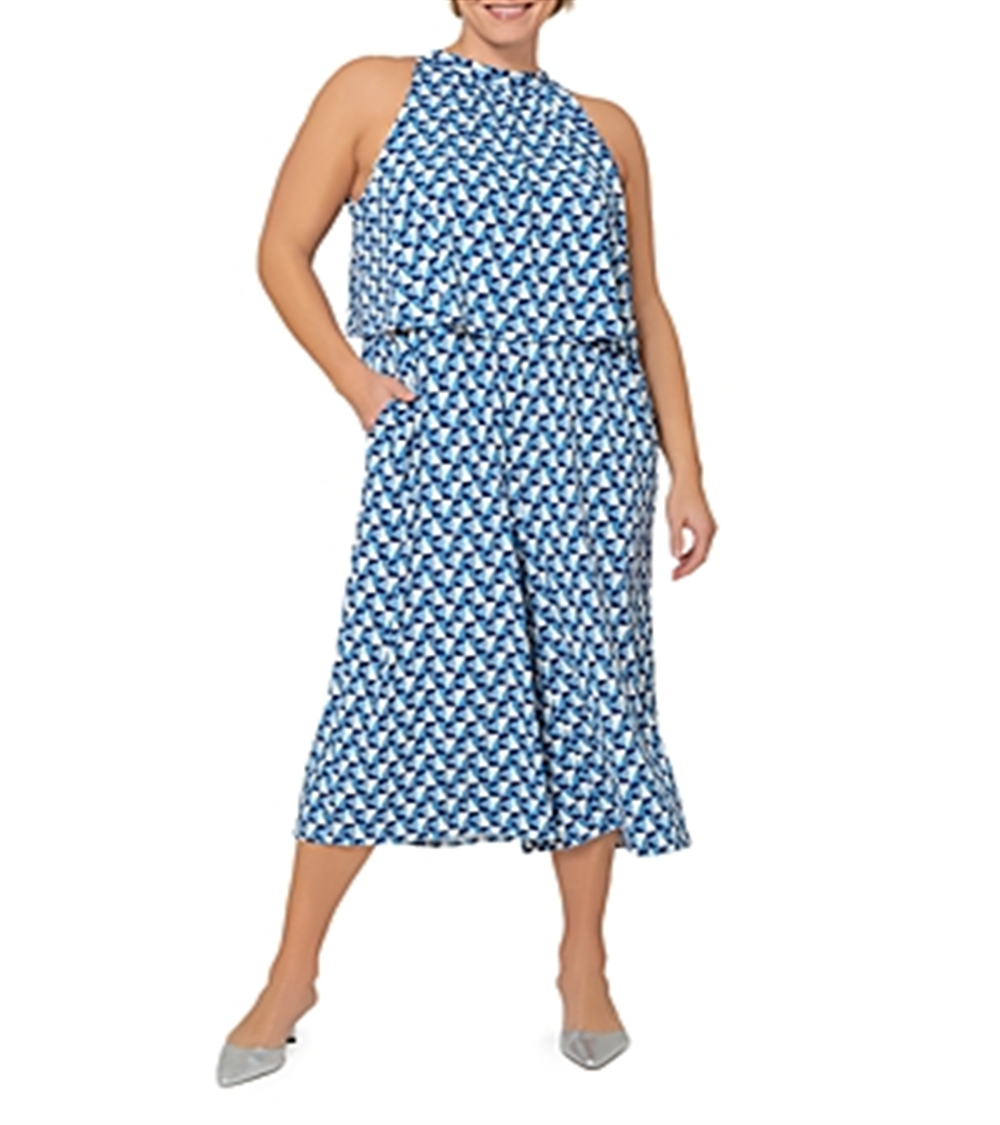 Leota Women's Skyler Cropped Jumpsuit Dress in Sunrise Geo Sea of Belize Marshmallow 2X Lord & Taylor Blue Size XXL