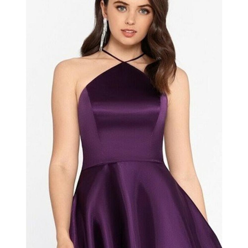 Blondie Womens Purple Ruffled Zippered Sleeveless Halter Short Fit Flare Party Dress Juniors Purple Size 7