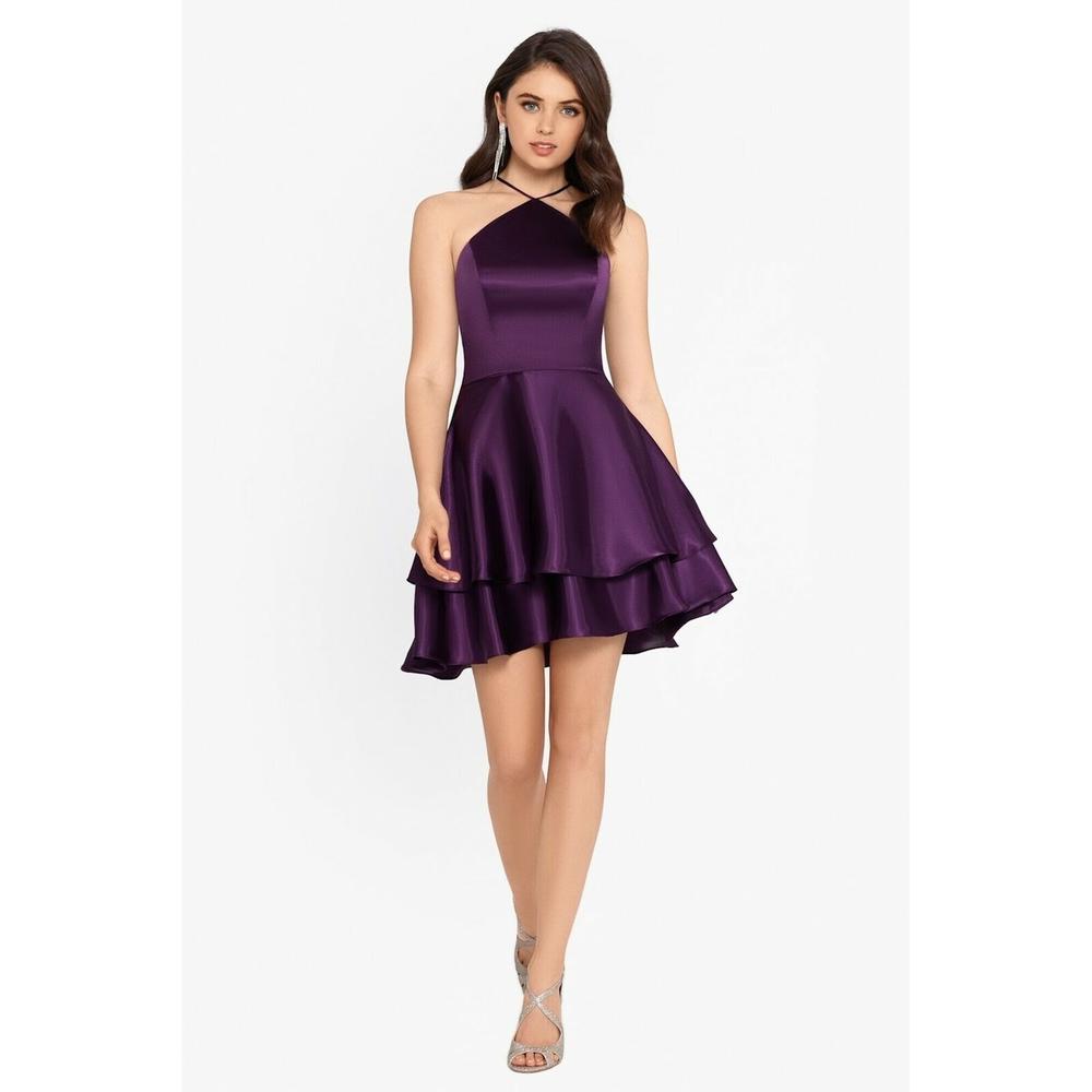 Blondie Womens Purple Ruffled Zippered Sleeveless Halter Short Fit Flare Party Dress Juniors Purple Size 7