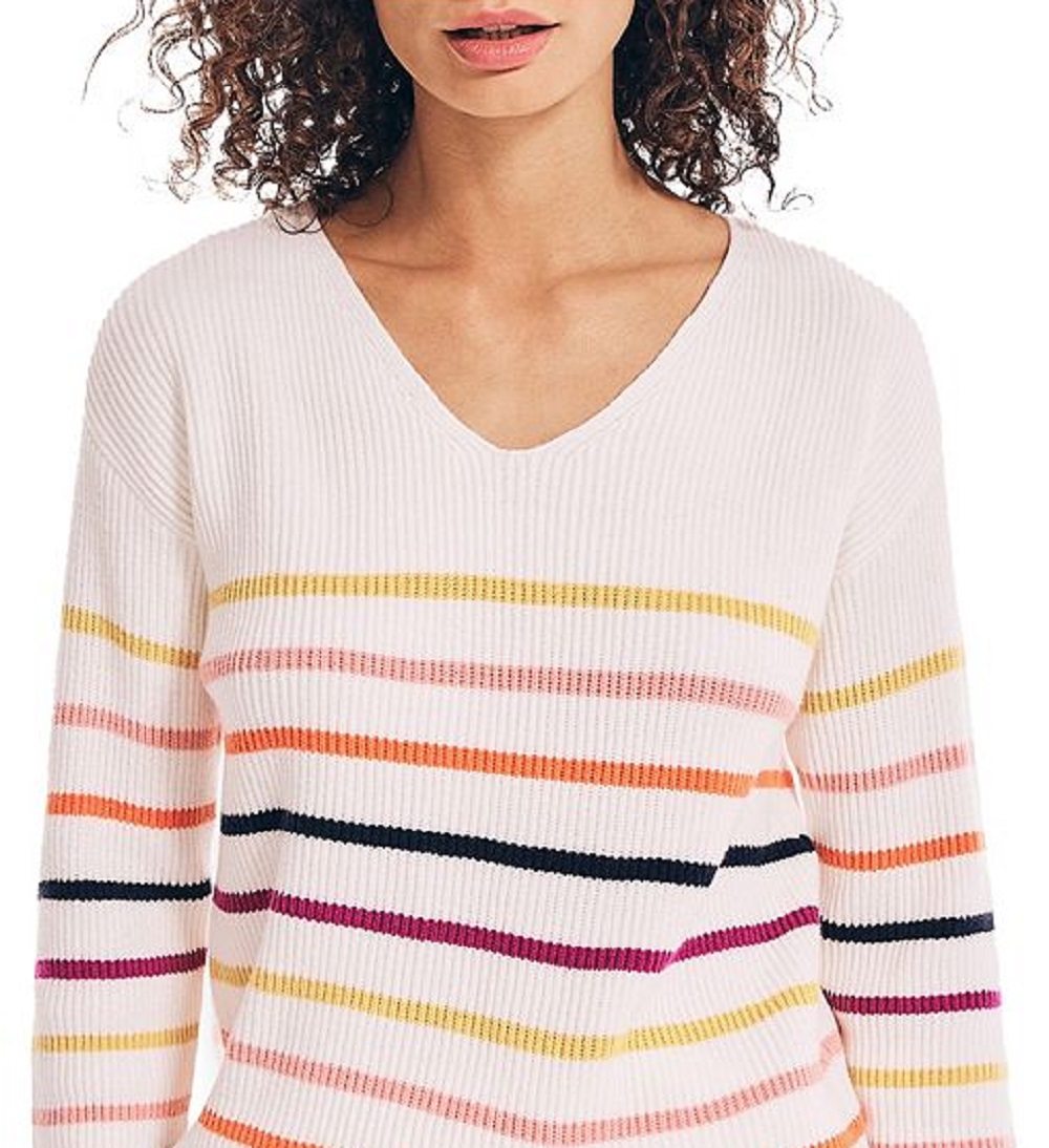 Nautica Women's Striped V Neck Sweater White Size X-Large