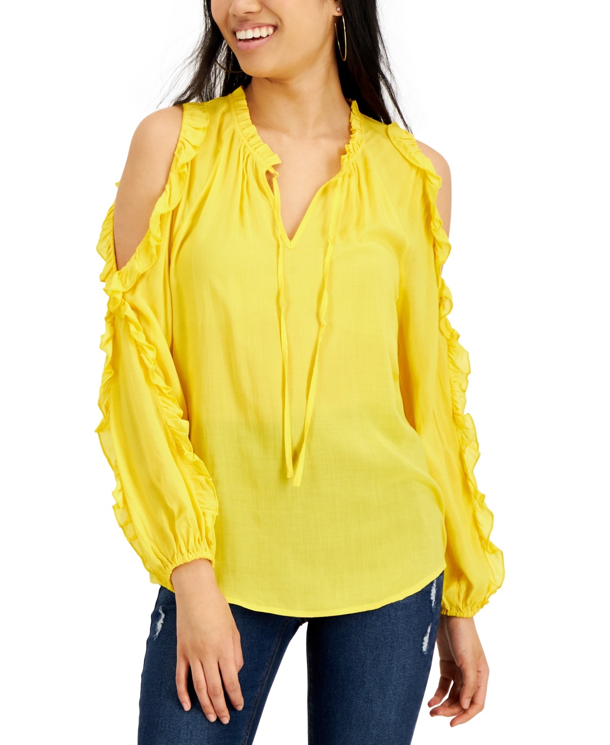 Willow Drive Women's Ruffled Cold Shoulder Top Yellow Size Large