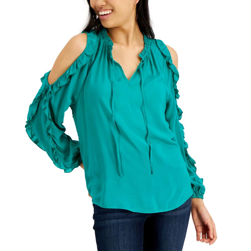 Willow Drive Women's Ruffled Cold Shoulder Top Green Size Large