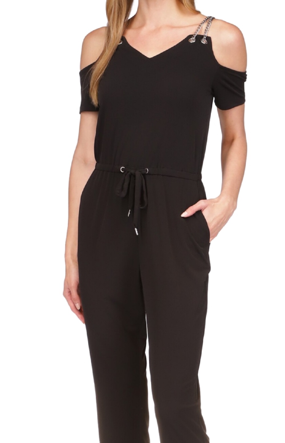 Michael Kors Women's Chain Cold Shoulder Jumpsuit Black Size X-Large