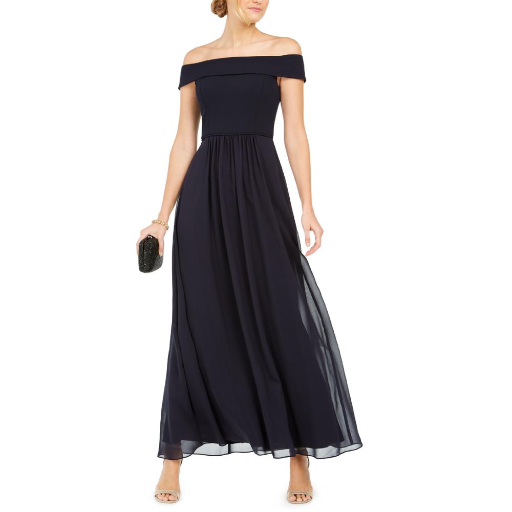 Adrianna Papell Women's Off The Shoulder Chiffon Gown Blue Size 6