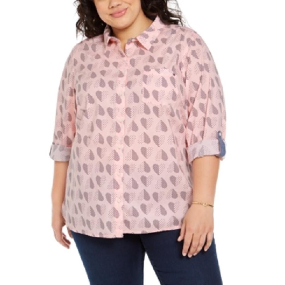 Tommy Hilfiger Women's Plus Size Polka Dot Heart Print Cotton Shirt Pink Size 2X