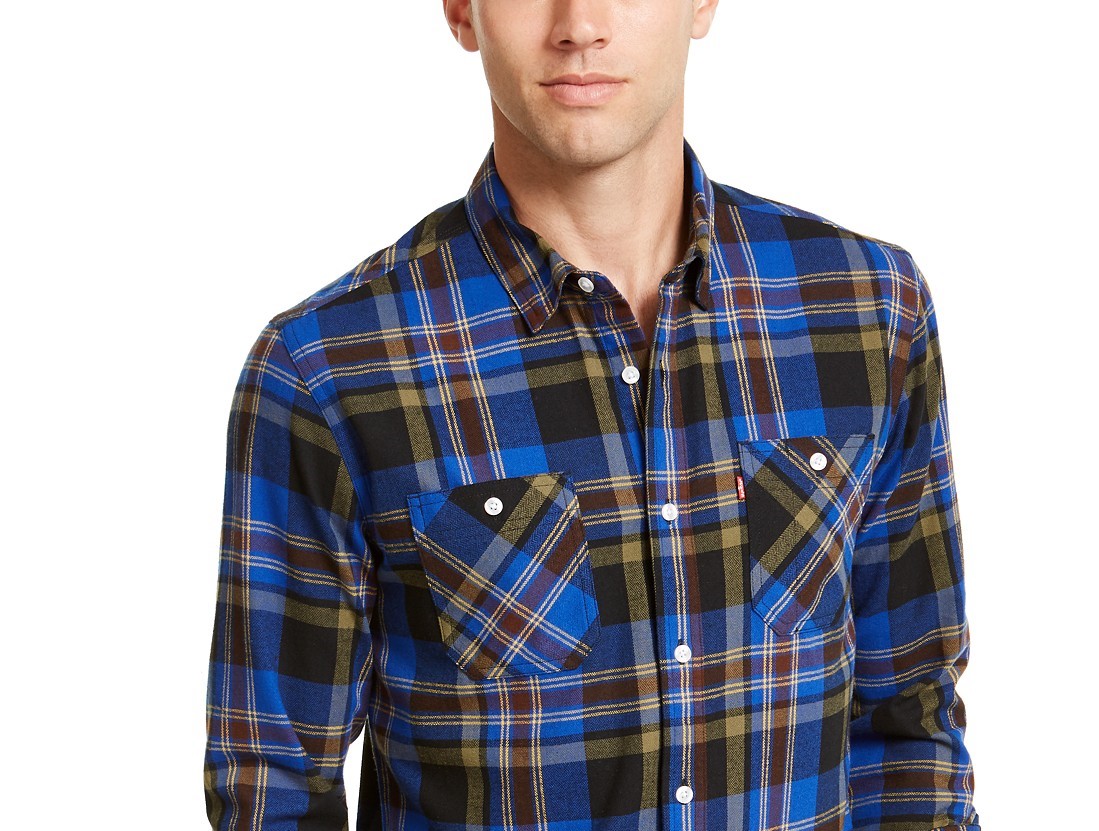 Levi's Men's Dual Pocket Plaid Flannel Shirt Blue Size Medium