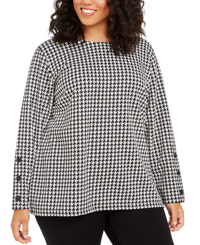 Tommy Hilfiger Women's Houndstooth Tunic Blouse Black Size 1X
