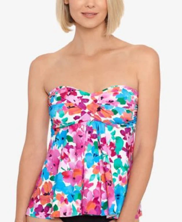 Swim Solutions Women's Floral Twisted Bandeau Tankini Swim Top Pink Size 12