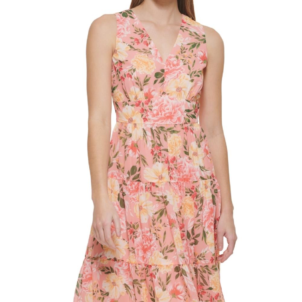 Vince Camuto Women's Floral Sleeveless Tiered Ruffle Midi Dress Pink Size 6