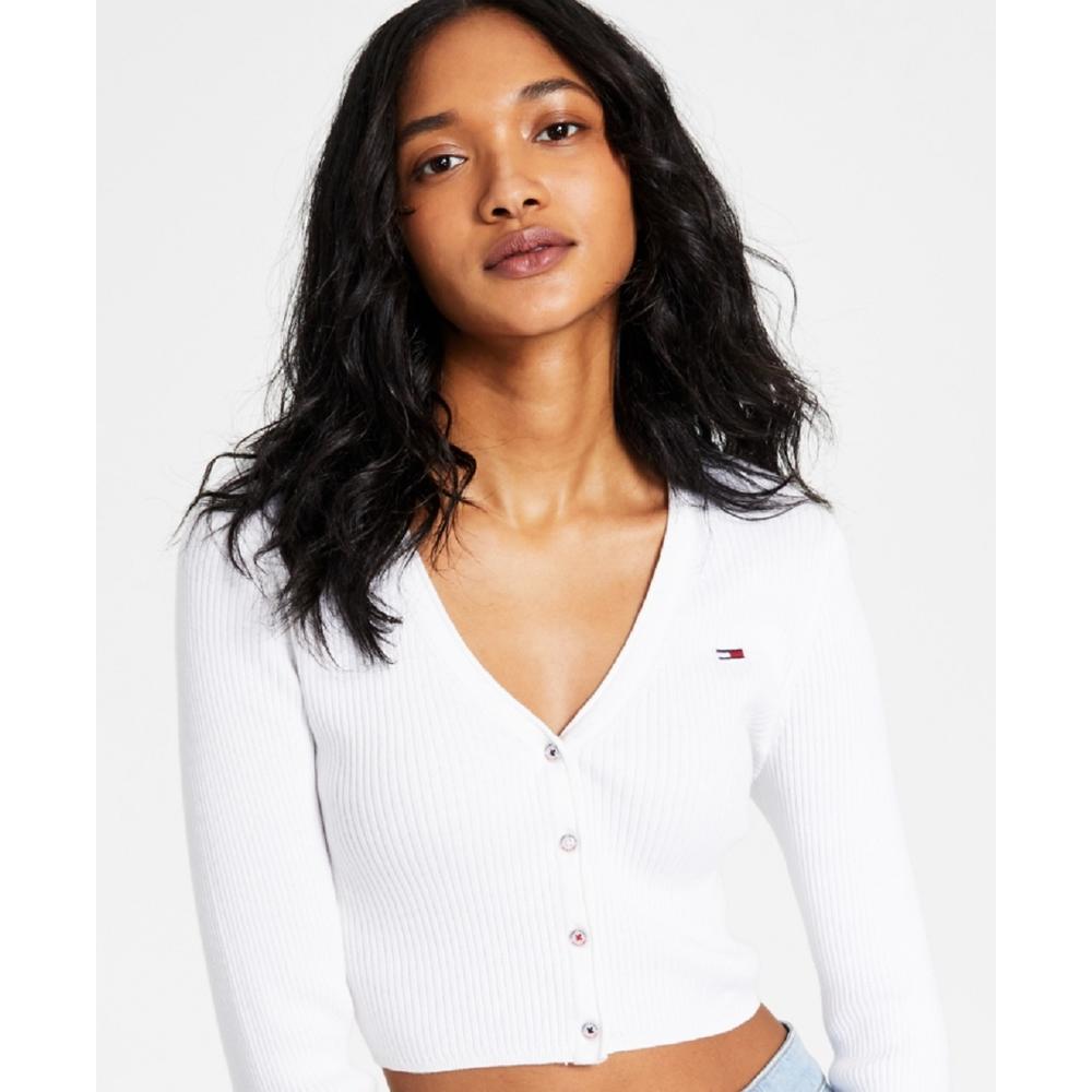 Tommy Hilfiger Tommy Jeans Women's Ribbed Cropped Cardigan White Size X-Large