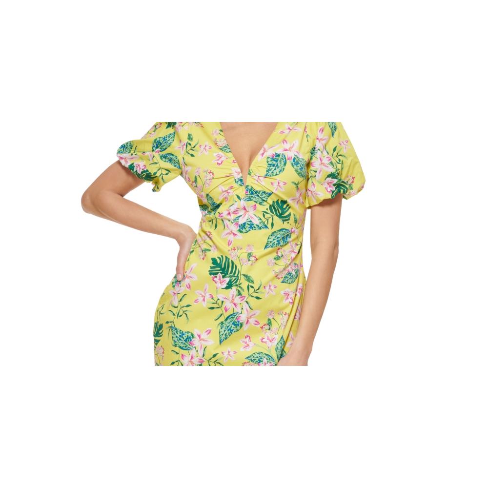 GUESS Women's Printed Puff Sleeve Bodycon Dress Yellow Size 8
