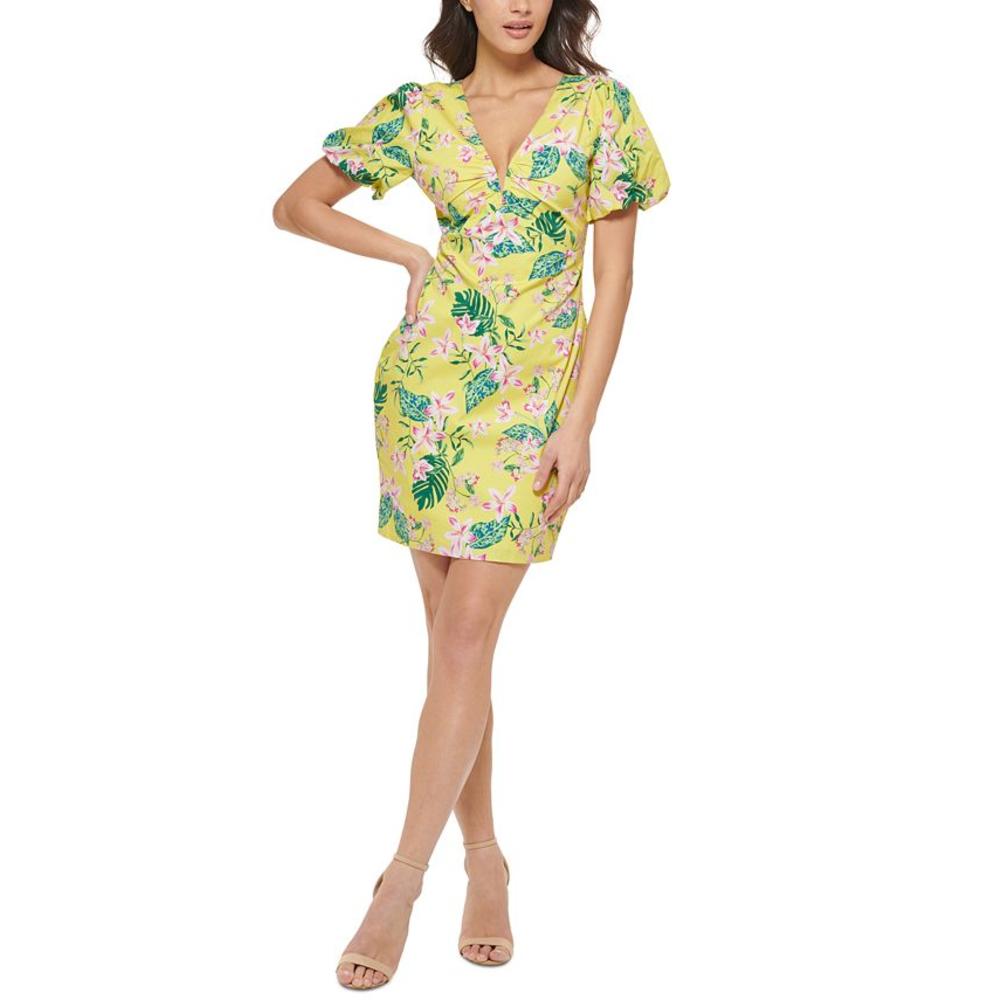GUESS Women's Printed Puff Sleeve Bodycon Dress Yellow Size 8