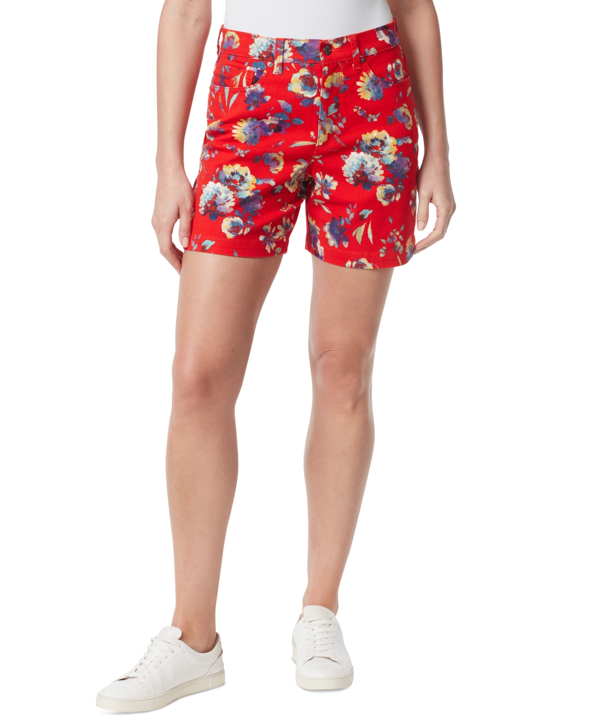 Gloria Vanderbilt Women's Floral Print Amanda Denim Shorts Red Size 8