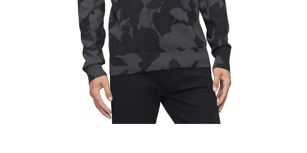 Calvin Klein Men\'s Regular-Fit Textured Floral Jacquard Sweater Med Gray  Size M