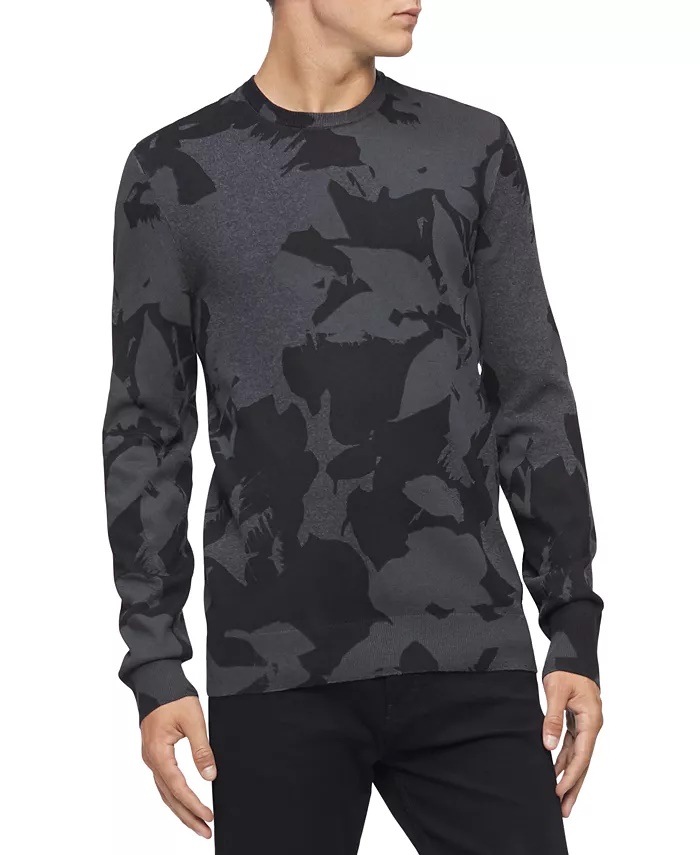 Calvin Klein Men's Regular-Fit Textured Floral Jacquard Sweater Med Gray  Size M