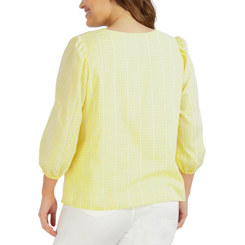 Jones New York Women's Printed V Neck Puff Sleeve Blouse Yellow Size 3X