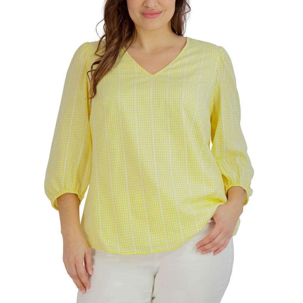 Jones New York Women's Printed V Neck Puff Sleeve Blouse Yellow Size 3X