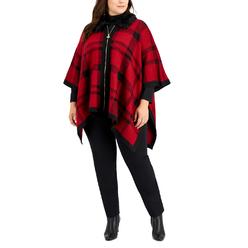 Anne Klein Women's Faux Fur Trim Plaid Zip Up Poncho Top Red Size 2X-3X